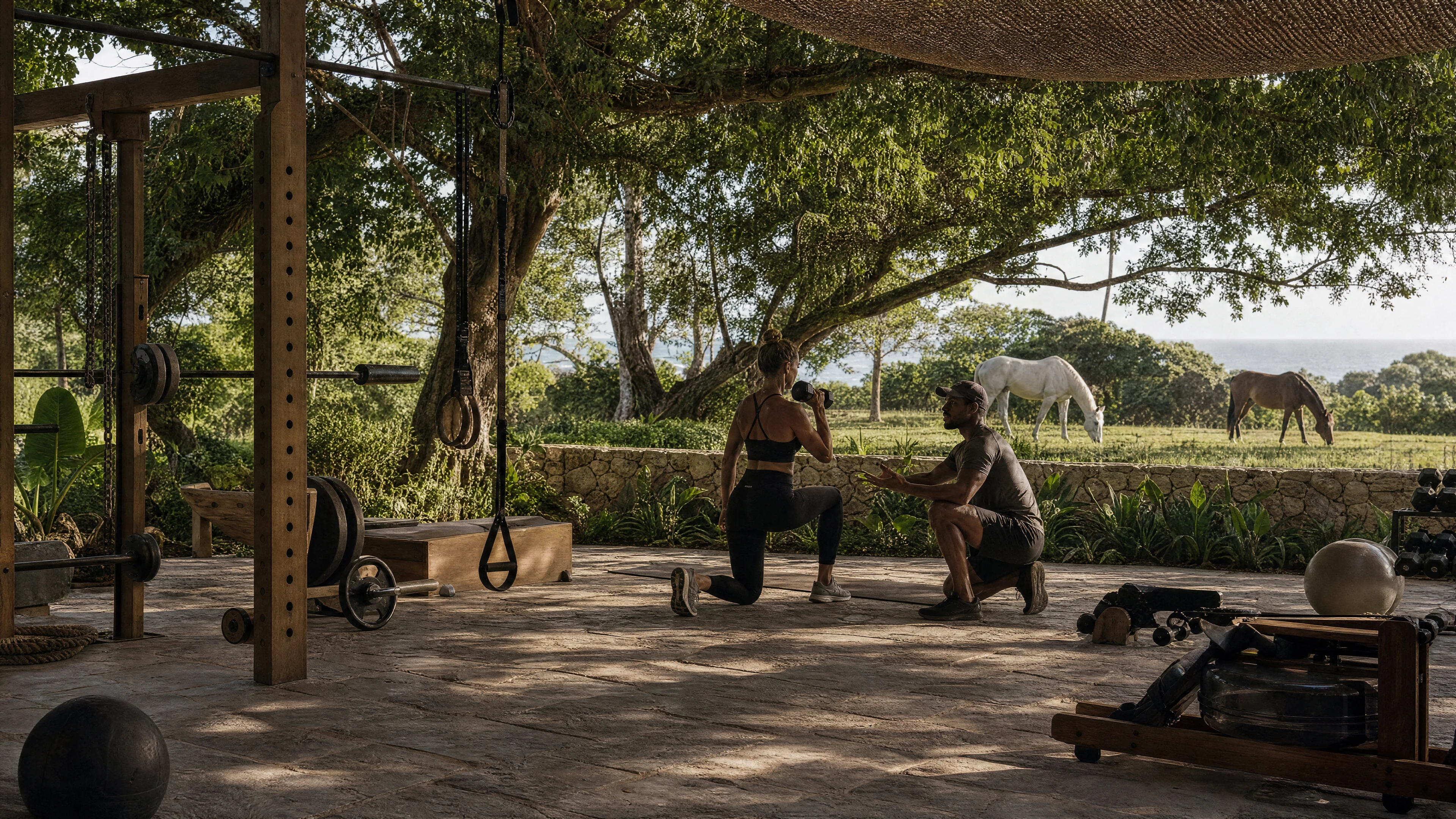 Guests training outdoors beneath shade trees with horses grazing nearby