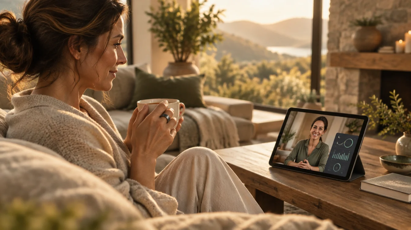 A guest at home wearing a smart ring during a video session with her advisor