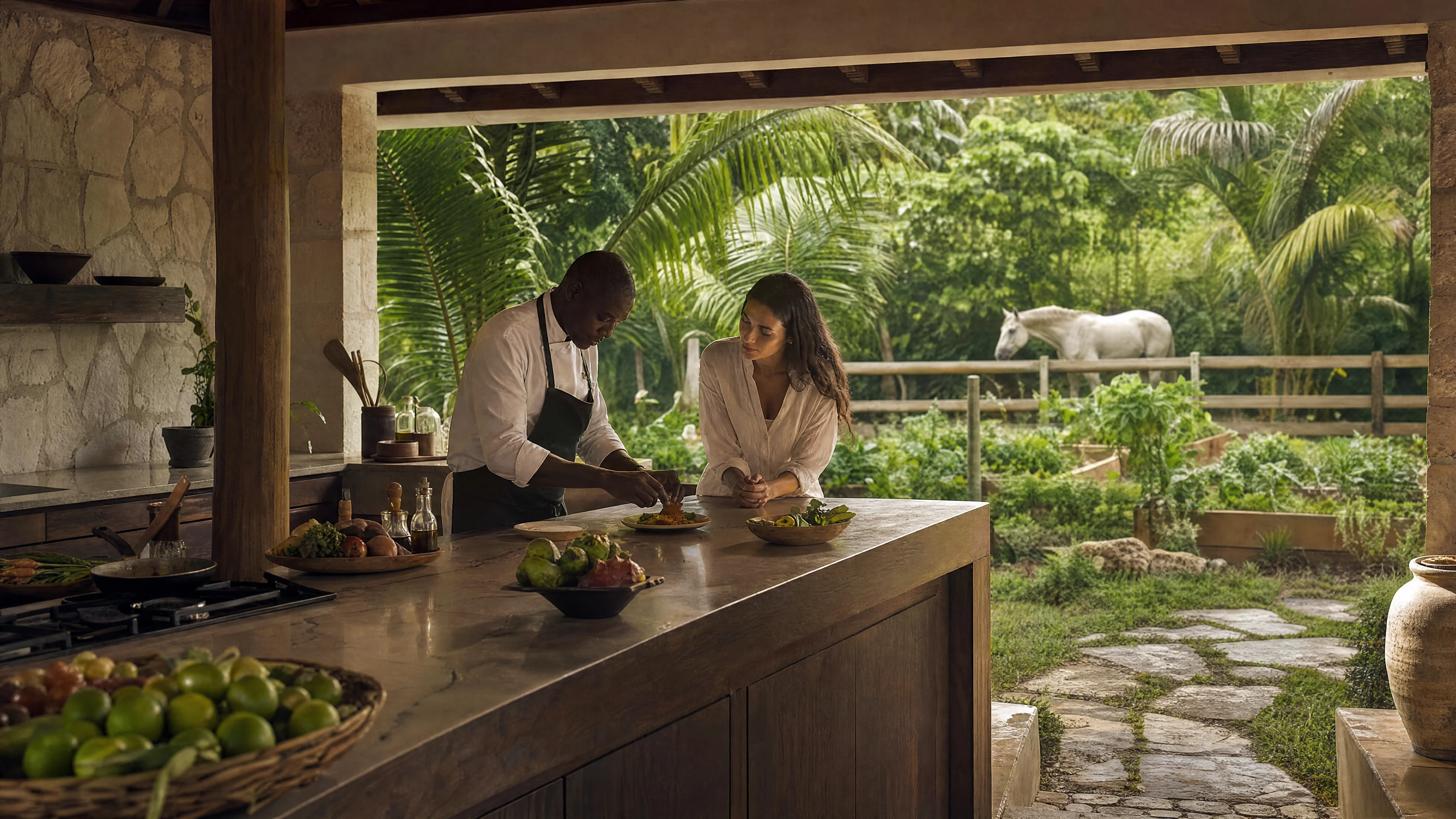 Guests preparing fresh food together in an open-air kitchen
